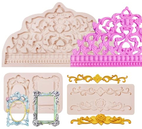 Muyulin Lot de 3 grands moules en silicone 3D en forme de couronne baroque, cadre photo vintage, moules en silicone pour décoration de gâteau d'anniversaire, décorations de cupcakes, artisanat en