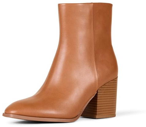 Amazon Essentials Women's Clean Stacked Heel Ankle Boots with Side Zipper, Memory Foam Insole, Flexible Non-Slip Outsole, Tan, 12