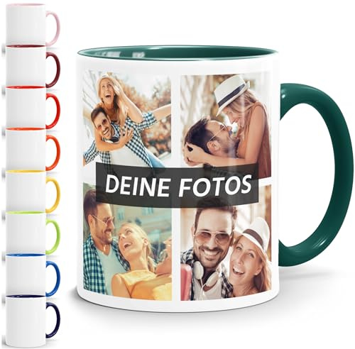 SpecialMe® Tasse personalisiert Fotocollage Fototasse mit bis zu 5 Fotos persönliches Geschenk Kaffeetasse mit Bild selbst gestalten Weiss-innen-gruen standard