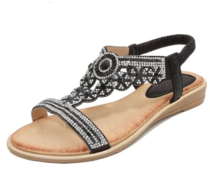 WOFANLULY Sandaler för kvinnor, platta glittrande strass, gladiatorsandaler för damer, T-rem, damsandaler för sommar, strand, semester, utomhus, Svart, 38 EU