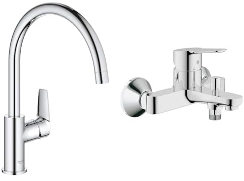 GROHE BauEdge – Miscelatore da cucina monocomando (installazione monoblocco, bocca alta & Miscelatore Monocomando per Vasca-Doccia Bauedge, Cromo 23334000