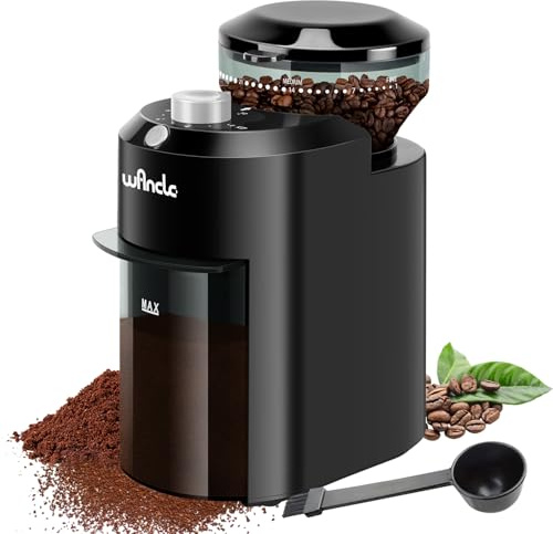 Moulin à Café Electrique, Wancle broyeur cafe grain, Réglable pour Grains de Café, avec 28 Réglages de Mouture Précise pour 12 Tasses (Acrylonitrile butadiène styrène (ABS), Noir+Argent)