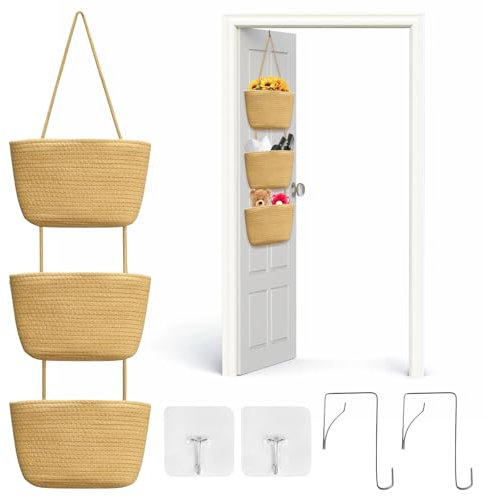 WATUNID Hängeorganizer Geflochten Korb Hängend, 3-stöckig Wand Organizer mit 4 Haken, Hängekorb aus Baumwollseil gewebt, Hängende Tasche Aufbewahrungstasche für Schlafzimmer, Wohnzimmer(Jute)