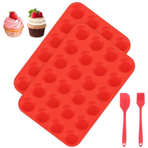 FIHODONE Muffin bakform, 2 stycken muffinsformar silikon 24 Cavity Mini muffins bakform, silikon muffinsformar lätt att rengöra, muffinsplåt non-stick belagd, diskmaskinssäker, röd