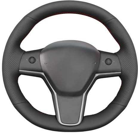 MEWANT DIY Stitch Black Faux Leather Steering Wheel Cover for Tesla Model 3 2019-2023 / Model Y 2021-2023 Breathable