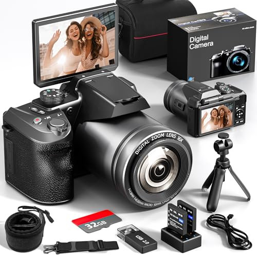 NBD Digitalkamera, Videokamera 4K 48MP mit Autofokus, 16X optischem Zoom & Autofokus, 3 180° Drehdisplay, WiFi/HDMI – inkl. 32GB Karte + Reinigungsset(Schwarz)