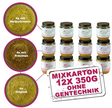 MeinWildvogel Erdnussbutter Mix-Karton 12x 350g, nährstoffreiches Wildvogelfutter - Fettfutter mit Sonnenblumenkerne für Wildvögel und Gartenvögel. Ganzjähriges Weichfutter, ohne Gentechnik