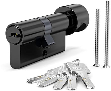 MANICAF Knob Cylinder 30/30, Euro Cylinder Lock, Lock Cylinder with Knob, Security Lock Front Door, Cylinder Lock 60 mm with 5 Brass Keys (Black)