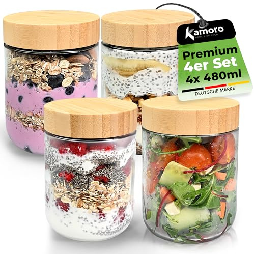 Overnight Oats Gläser 4er Set – Luftdichte Vorratsgläser mit Bambusdeckel 480 ml – Ideal für Overnight Oats, Müslibecher to go, Porridge, Joghurt & Marmelade - Nachhaltige Meal Prep Gläser