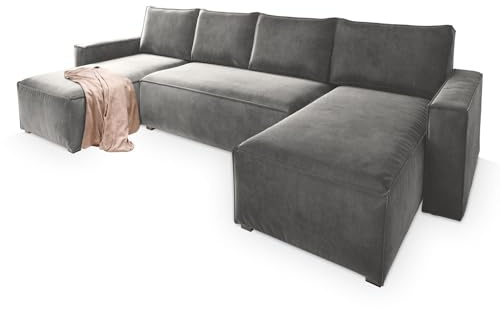 Masseno Ecksofa Deni mit Schlaffunktion U-Form, Sofa mit Bettkasten, Wohnzimmersofa, Couch, Soffa, Bettsofa, Couchgarnitur- Hellgrau, Monolith 84