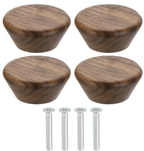 sourcing map 4Pcs Round Wood Drawer Knob, 1 3/4 Diameter Flat Head Dresser Knobs Wooden Knobs with Screws for Furniture Drawer Dresser Wardrobe Cupboard, Walnut