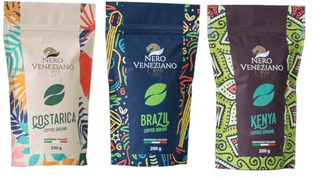 Nero Veneziano, Caffè Macinato MOKA, 3 Confezioni da 200 g Kenya, Costarica, Brazil