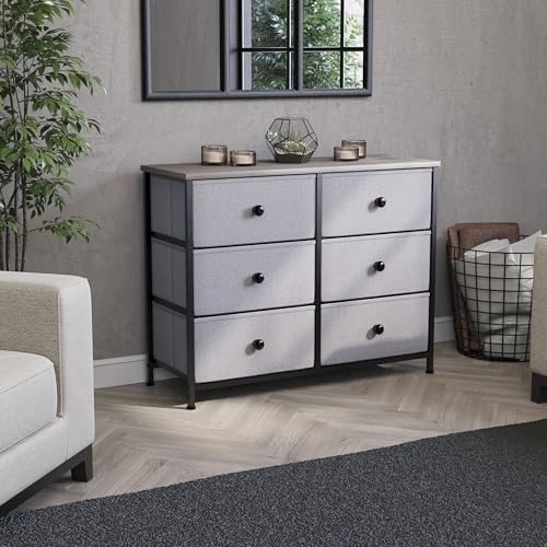 Vida Designs Chorley Kommode mit 6 Schubladen, Stoff-Aufbewahrung, Organizer mit Holzplatte, Metallrahmen und Griffen, ideal für Schlafzimmer, Wohnzimmer, Kinderzimmer, Beige & Grau Holz