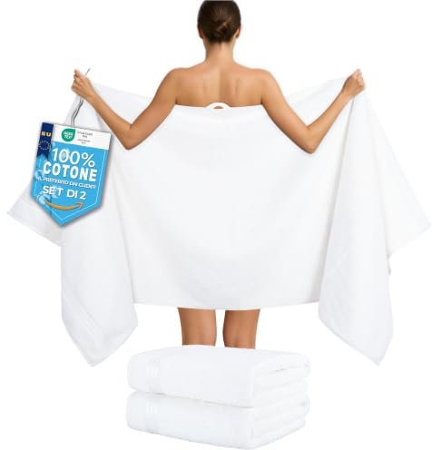 Hammetex Lot de 2 Très Grandes Serviettes de Bain et Sauna 80x200 cm, 100% Coton 500 GSM, Absorbantes, Séchage Rapide, Certifiées Oeko-TEX, Serviettes de Spa et de Sauna, Blanc