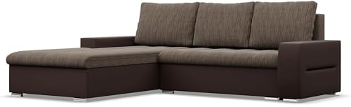 Mebligo - Ecksofa mit Schlaffunktion und Bettkasten Aurora, Eckcouch mit Ottomane Links, Sofa L Form (BxTxH) 243 x 200 x 92 cm, Couch Wohnzimmer, Ecke Sofa, Braun + Braun (Samt und Kunstleder)