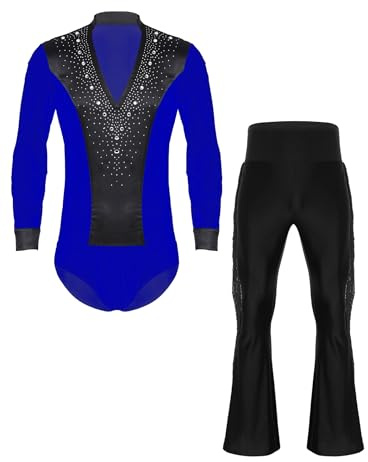 Fldy Herren Latein Standard Tanz Kostüm Hemd Hose Set Strass Hemdbody Schlaghose Wettbewerb Performance Modern Dancewear Blau&Schwarz M