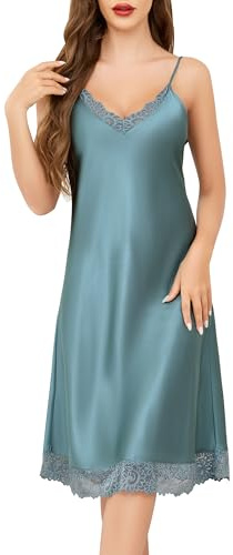 Sopesil Women's Negligees Satin Nightdress Spaghetti Strap Ladies Lace Nighties Chemise Slip V Neck Sleepwear Nightgown