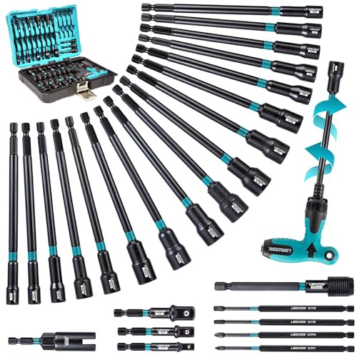 LIBRATON 27tlg Magnet Stecknuss Lang Set 1/4 mit Ratschen-T-Griff | Metrische und SAE Lange Steckschlüssel, Sechskant Stecknuss, Steckschlüssel Adapter, Flügelmutterndreher, Bithalter