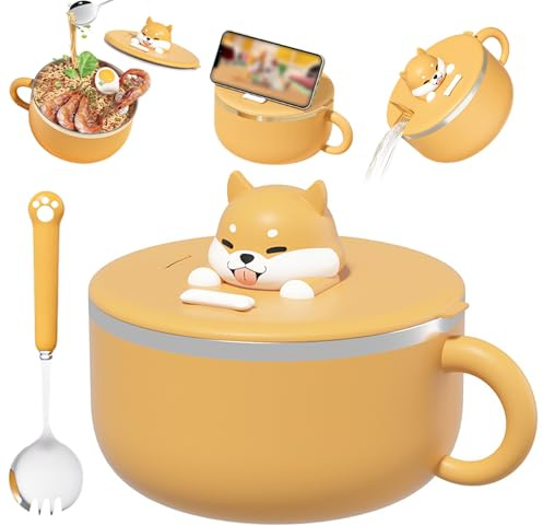 Instant Noodle Bowl with Handles 1200ml Instant Ramen Bowl with Lid and Spoon Portable Microwave Safe Ramen Cooker for Soup, Noodles, Dumplings, Salads
