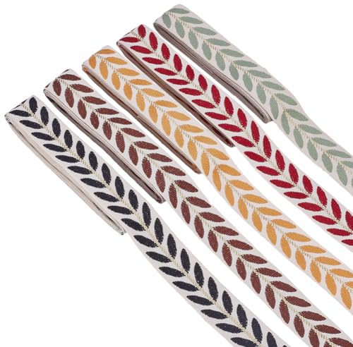 CRAFTYMELODY 10 Yards Vintage Jacquardband 5 Farben Besticktes Webband 1 Zoll Stoffbesatz Mit Blättern Vorhangbesatz Zum Selbernähen von Kleidung