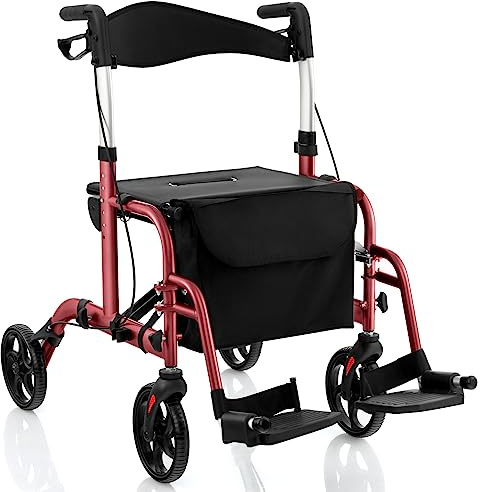 FANTASK 2 in 1 Rollator faltbar 6-fach höhenverstellbar, Gehwagen mit Rollstuhl & Reiserollator Leichtgewicht, Gehhilfe mit Tasche & Bremsen & Stockhalter, Aluminium (Rot)