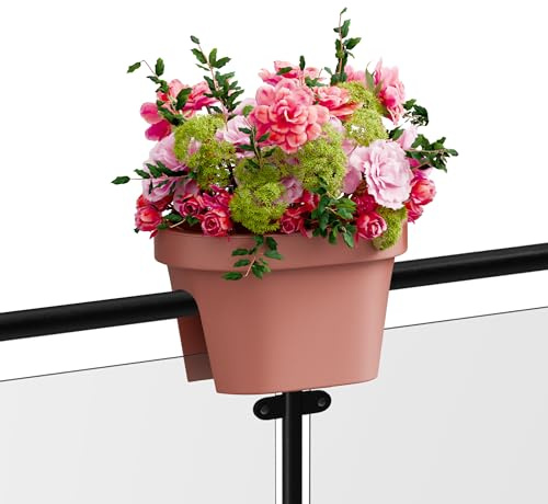 Blumenkasten für Balkongeländer – Blumentopf mit Clips für runde & eckige Geländer bis 6 cm – UV-beständig, formstabil – mit Ablauf – 2 Größen, 3 Farben – Balkon Pflanzkübel (1x Braun, 40x27cm)