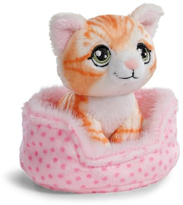 NICI 61941 Gosedjur i form av en rödstrimmig katt i en liten korg, på 12 cm, sött mjukisdjur att gosa och leka med, bra presentidé för barn och vuxna, röd