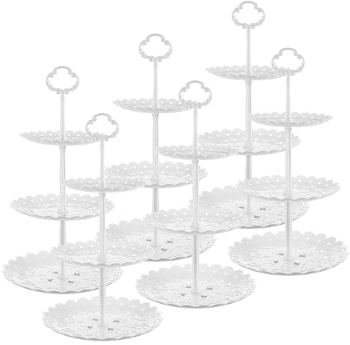 AKOLAFE 6 Pack 3 Tier Cake Stand All White Cake Stand Plastic Afternoon Tea Stands Cup Cake Fruit Dessert Stand Openwork Plate Design Display Cupcake Stand for Wedding, Birthday, Party