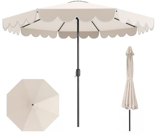 COSTWAY 2.71M/2.8M/3M Garden Parasol, 8 Ribs Heavy-Duty Sun Shade Canopy with Tilt and Ruffled Edges, Outdoor Market Table Umbrella for Beach Balcony Pool(Beige+Black, 3m)