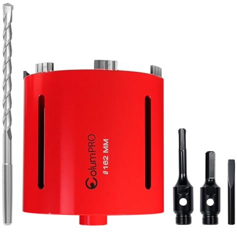 ColumPRO 162mm x 150mm Long Diamond Core Drill Bit Set with Hex Shank Adapter, SDS Adapter, Centre Drill Bit & Quick-Release Pin, Ideal for Masonry, Concrete & Other Brick, Choice of Construction Site