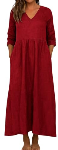 Women's Casual Linen Dresses Oversized 3/4 Sleeve V Neck Cotton Linen Maxi Dresses with Pockets Calssic Flowy Solid Color Beach Vacation Long Dress