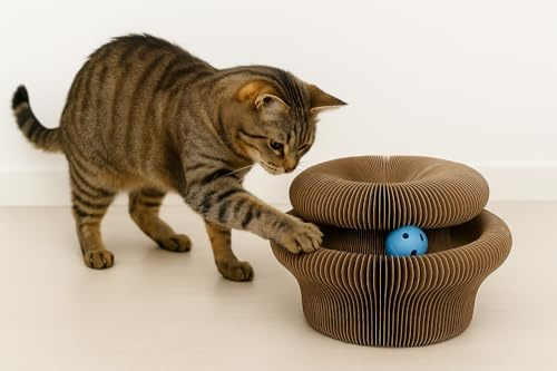 tiragraffi per gatti - gioco tiragraffi Cama rotondo marrone 18,5x11x8 cm - cartone riciclabile - pieghevole - 3 forme con magnete - pallina con campanellino - gioco gatto