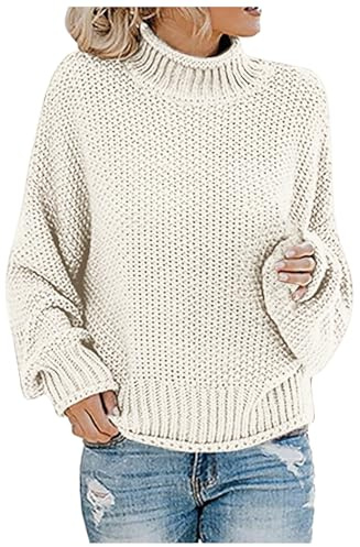 Generisch Strickpullover, Strickpullover Damen Pullover elegant Winterpullover Casual Strickpulli Herbst Winter Grobstrickpullover Sweatshirt Pulli Damenpullover Rollkragenpullover, Beige