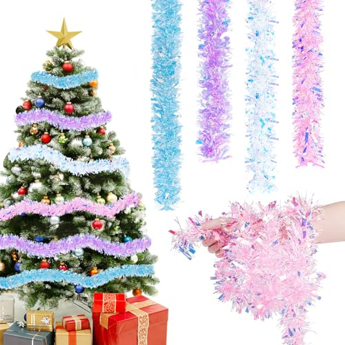 Joxessaien Lametta Weihnachtsbaum 4 Stück × 2 m – Weihnachtsgirlande 8 m Weihnachtsdeko Lametta Girlande in Gold Blau Grün Weiß – Christbaum Deko für Innen & Außen (Grün-Beeren)