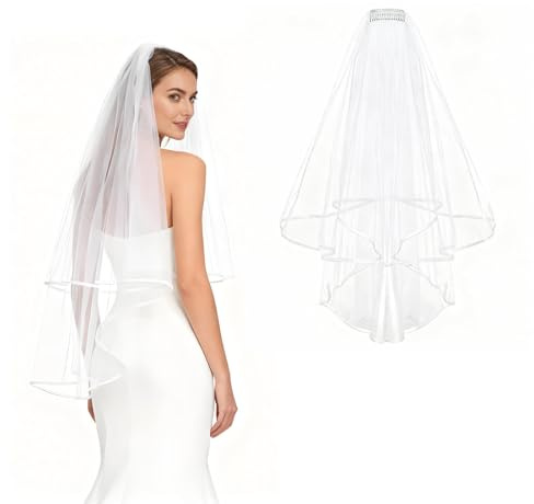 Brautschleier Schleiers Kurz Braut Hochzeit Mit Kamm, Braut Schleier Weiss 2 Tier, SofttüLl Schleier Fingerspitze Wedding Veil für JGA BräUte Dusche Junggesellinnenabschied Hochzeit Hen Party
