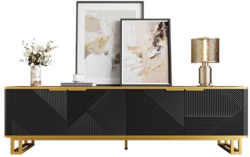 KecDuey Mueble de TV de 160 x 37,5 x 48 cm, banco de TV con cuatro puertas, tableros bajos de TV, soporte de TV bajo, diseño único, textura geométrica (negro)
