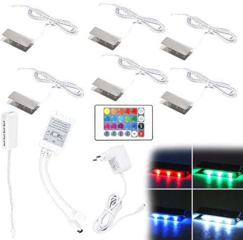 Lot de 6 éclairages LED RVB 5050SMD RVB avec télécommande, éclairage de vitrine, éclairage de sol en verre, clip avec bloc d'alimentation 12 V, bande lumineuse LED pour vitrine, table
