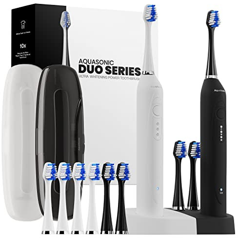 Aquasonic Duo PRO Ultra Whitening 40,000 VPM Electric Smart ToothBrushes ADA Accepted - 4 Modes with Smart Timers - UV Sanitizing & Wireless Charging Base - 10 Proflex Brush Heads & 2 Travel Cases