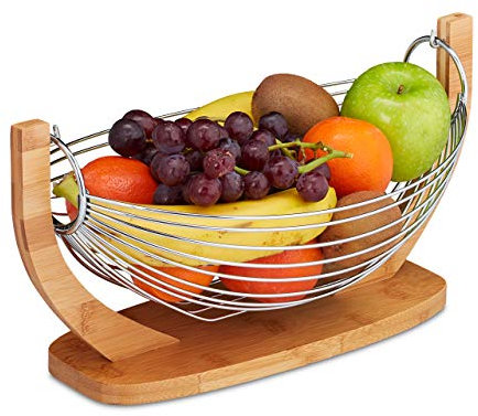 Relaxdays Frutero de Cocina Moderno, Original, Rejilla, Bol, Bambú-Acero Inox., 1 Ud., 18,5x38x23 cm, Marrón-Plateado