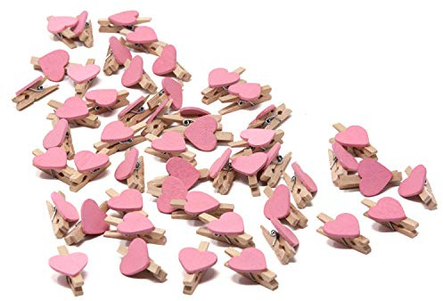 Oblique Unique® Mini Herz Holz Wäscheklammern 50 Stück Herzen Holzklammern Deko Klammern für Geschenkverpackung Namenskärtchen Hochzeit UVM. Blau Rosa (Rosa)