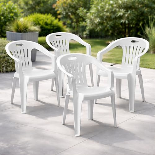 Mojawo 4 Stück Stapelstuhl Gartenstuhl PIONA Bistrostuhl Gartensessel Balkonstuhl Kunststoff stapelbar Balkonmöbel Gartenmöbel Weiß
