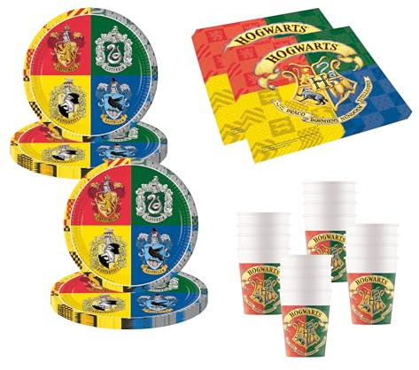 Procos 10137422 - Set de fiesta S Harry Potter Hogwarts, 52 piezas, 16 platos, 16 vasos, 20 servilletas, vajilla desechable, vajilla de fiesta, decoración de mesa
