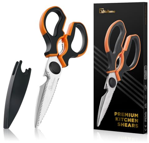 Vitalismo Tijeras Cocina Profesionales Multifunción, Tijeras de Cocina Acero Inoxidable con Hoja Afilada Protector Hoja Mango Antideslizante para Carne Aves Pescado Pollo Pizza Nueces Barbacoa