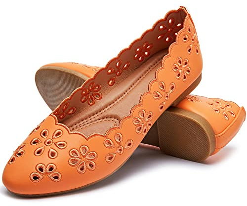 FRACORA Women's Ballet Flats Black PU Leather Dress Shoes Comfortable Round Toe Slip on Flats with Breathable Eyelets(Orange.US7)