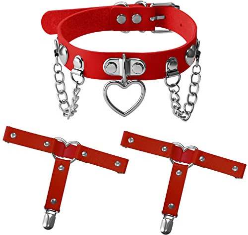 JewelryWe Frauen Punk Leder Choker mit 2 Stück Beingeschirr Strumpfband Gürtel Set Herz Charm Verstellbare Halskette Oberschenkel Ring Strumpfband Bein Wrap für Party Raves