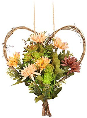 TüRkranz FrüHling,Türkranz Wandkranz, Frühlingskränze, Herz hängen Dekoration 25 cm Herbst Kranz Rattan Chrysantheme Blumen Künstliches hängendes Herz Blumengirlande für Tür Wanddekoration