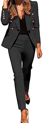 Générique Costume Femme 2 Pièces Tailleur Femme Ensembele Pantalon et Veste Blazer Chic et Elegant Couleur Unie Slim Fit Formel Bureau Travail Office Pantalon Habillé Costume (Noir, L)