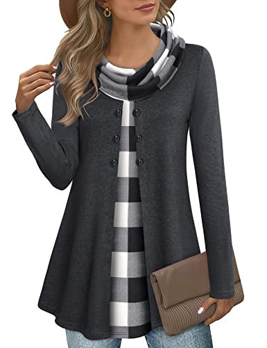 Gaharu Sweatshirt Damen Lang Geschnitten Pullover Frauen Hoodie Tailliert Modern Winter Lange Pullis Damen Schalkragenpullover Herbstkleidung für Damen Elegant Tunika Langarm Schwarz Weiß Kariert