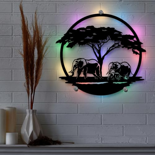 Namofactur LED-Wandbild Afrika Elefanten Savanne aus schwarzem Holz | Warmweiß oder RGB-Farbwechsel mit USB und Fernbedienung wählbar – als Lichtakzent für Wohnzimmer, Flur oder Schlafzimmer