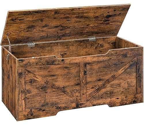HOOBRO Storage Bench, 43.3” Retro Wooden Storage Chest with U-Shaped Cut-Out Pull, Safety Hinge, Supports 220 lb and Easy Assembly for Toy Box Organizer (Rustic Brown) BF772CW01